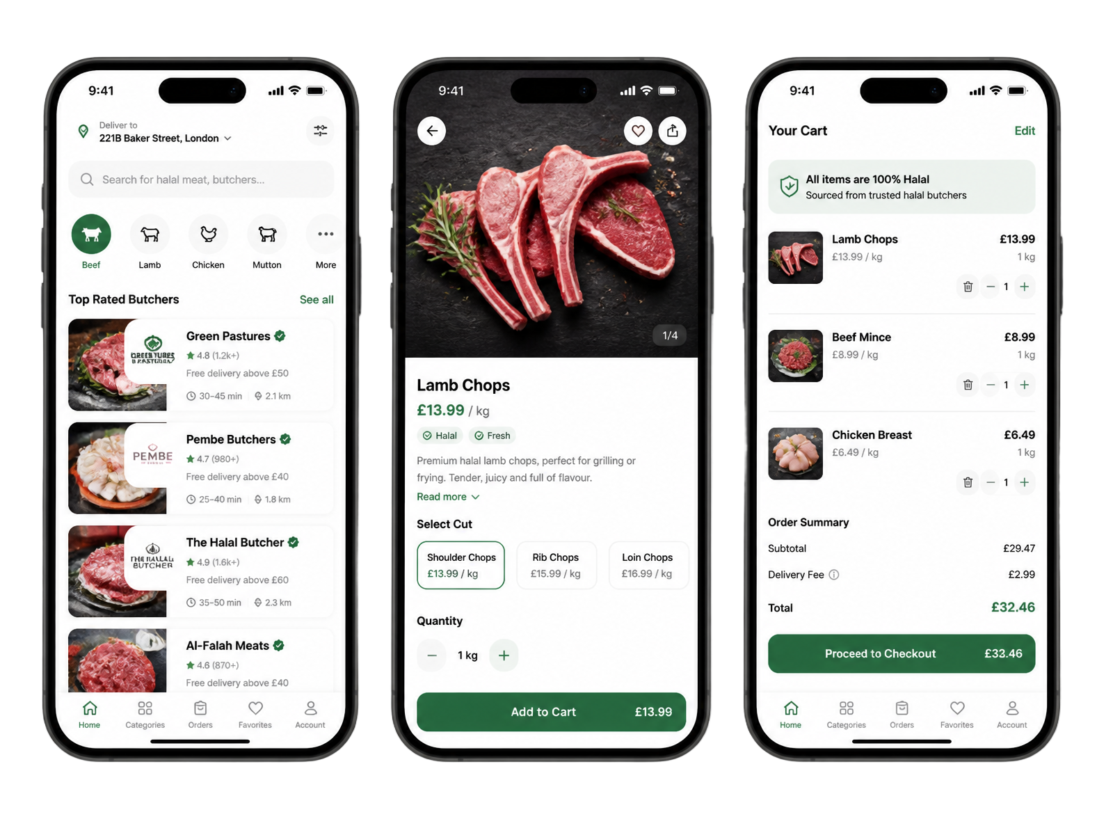 Trois écrans de l'application HalMarket : boucheries, produit, panier